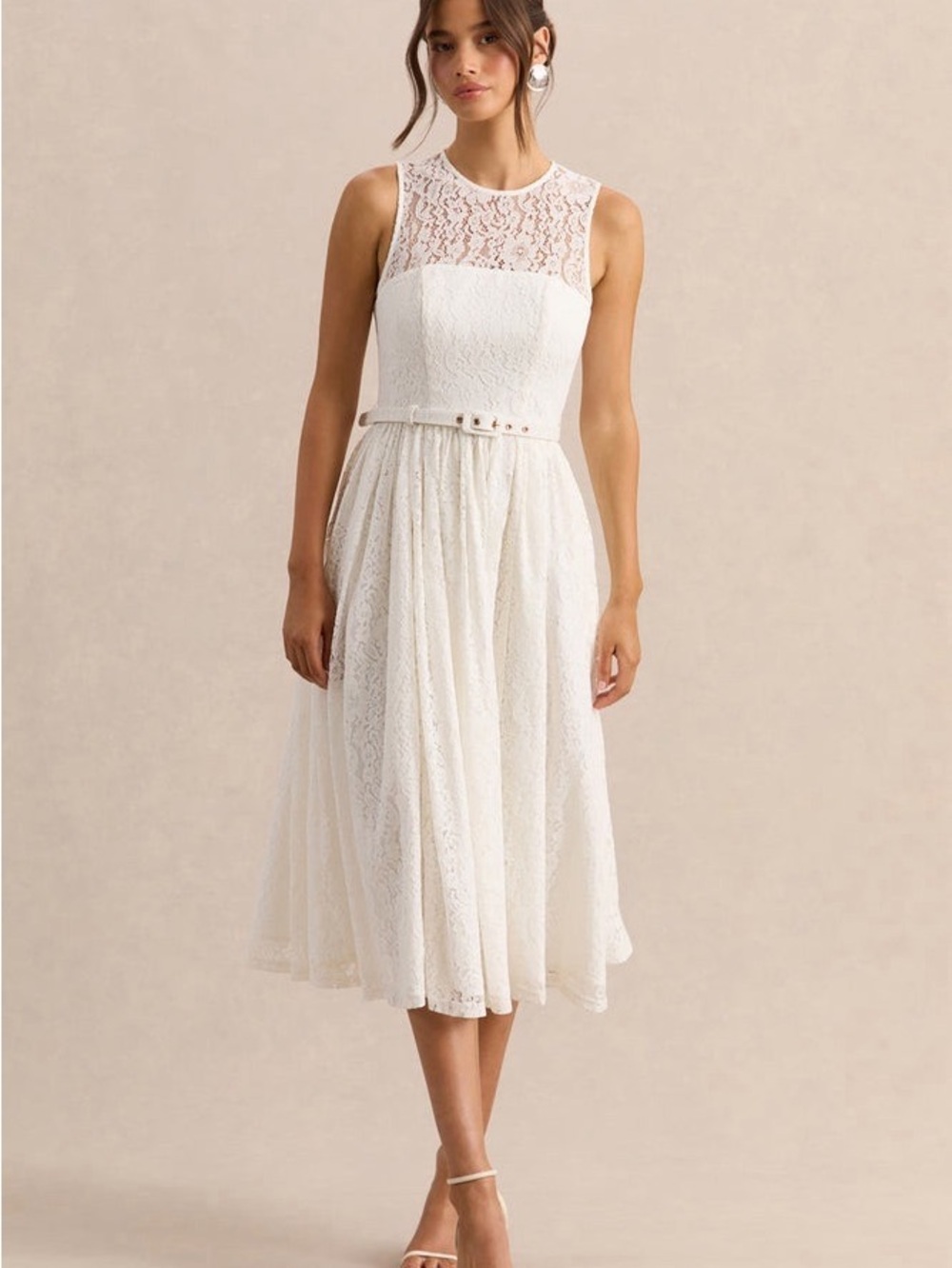 Club L London Anabella Off White Lace Midi Dress with belt, Size 6 NWT